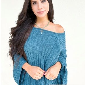 POL super soft teddy slouchy oversized sweater teal green blue